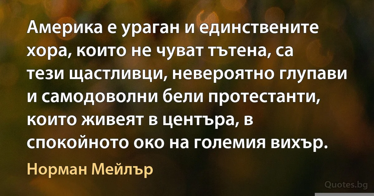 Америка е ураган и единствените хора, които не чуват тътена, са тези щастливци, невероятно глупави и самодоволни бели протестанти, които живеят в центъра, в спокойното око на големия вихър. (Норман Мейлър)