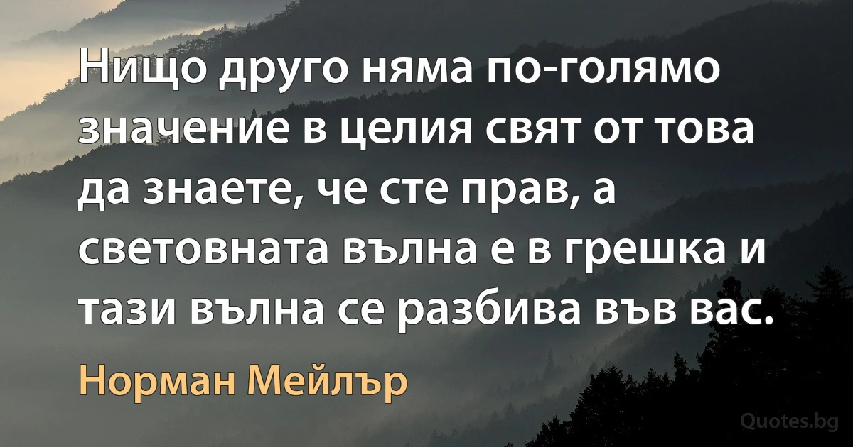 Нищо друго няма по-голямо значение в целия свят от това да знаете, че сте прав, а световната вълна е в грешка и тази вълна се разбива във вас. (Норман Мейлър)