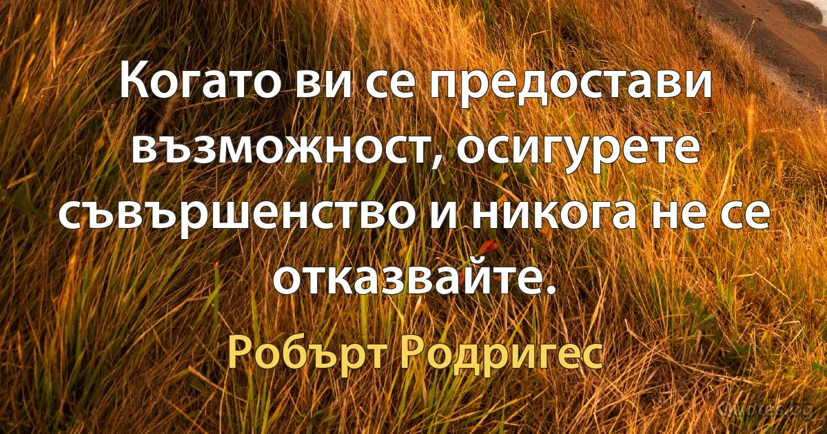 Когато ви се предостави възможност, осигурете съвършенство и никога не се отказвайте. (Робърт Родригес)