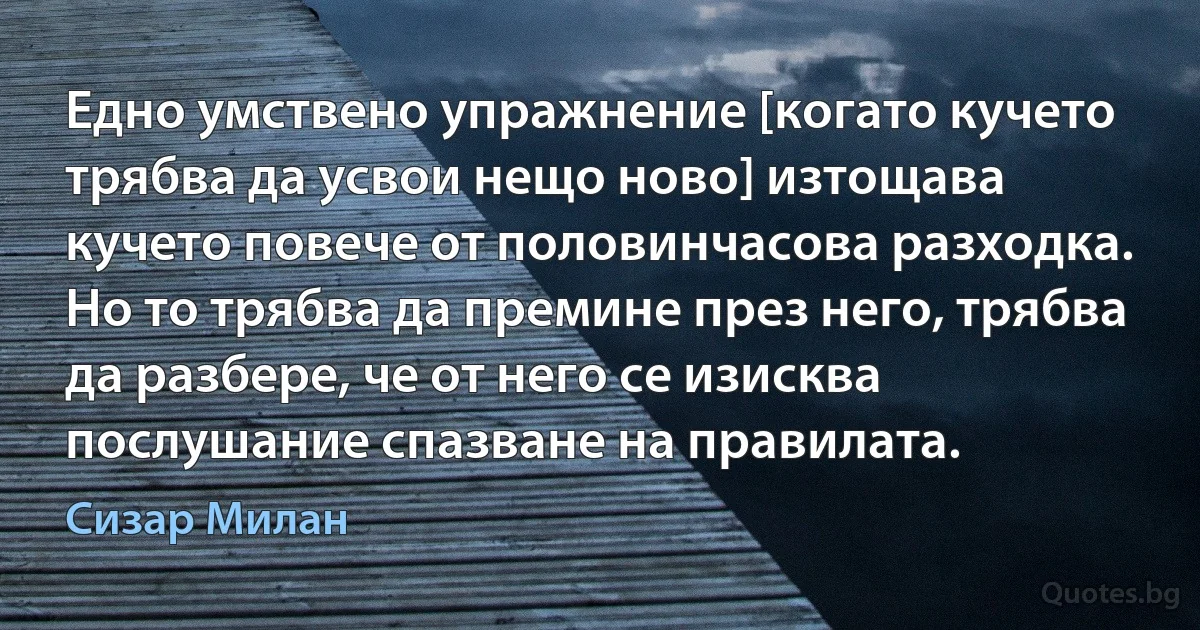 Едно умствено упражнение [когато кучето трябва да усвои нещо ново] изтощава кучето повече от половинчасова разходка. Но то трябва да премине през него, трябва да разбере, че от него се изисква послушание спазване на правилата. (Сизар Милан)