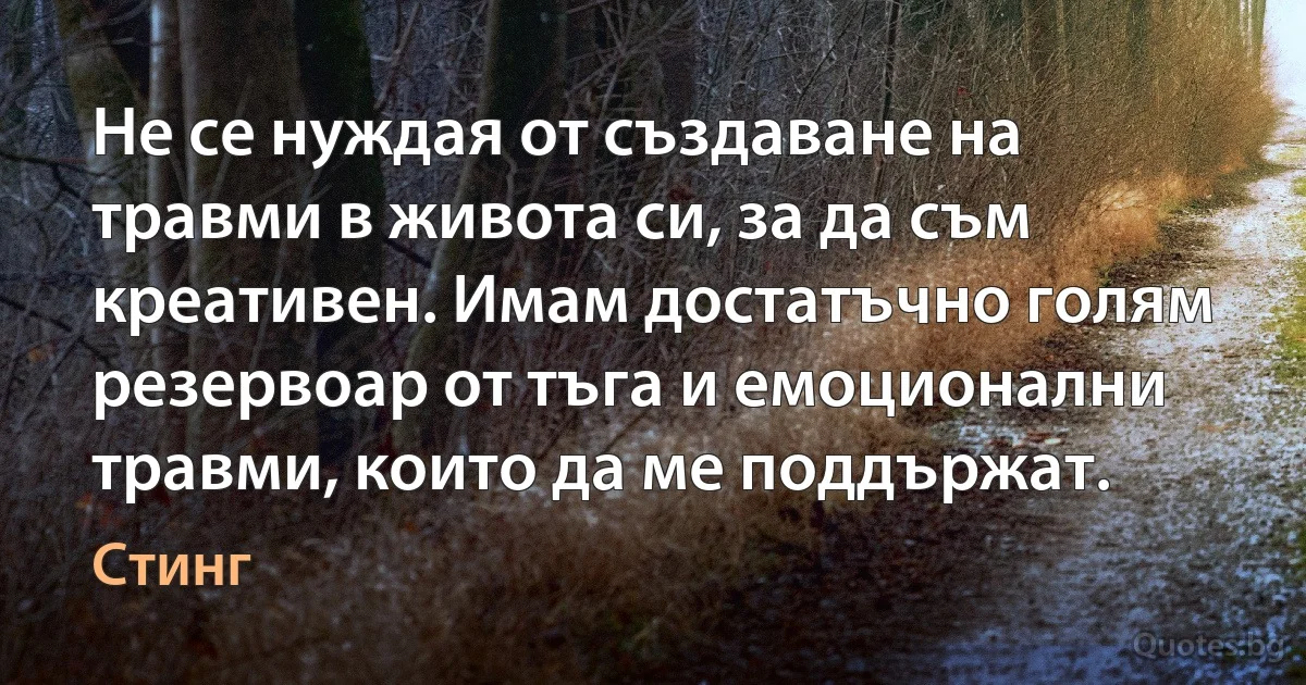 Не се нуждая от създаване на травми в живота си, за да съм креативен. Имам достатъчно голям резервоар от тъга и емоционални травми, които да ме поддържат. (Стинг)