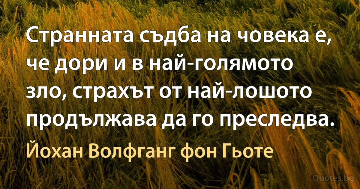 Странната съдба на човека е, че дори и в най-голямото зло, страхът от най-лошото продължава да го преследва. (Йохан Волфганг фон Гьоте)