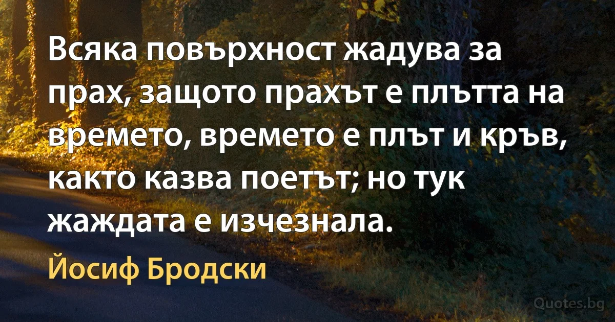 Всяка повърхност жадува за прах, защото прахът е плътта на времето, времето е плът и кръв, както казва поетът; но тук жаждата е изчезнала. (Йосиф Бродски)