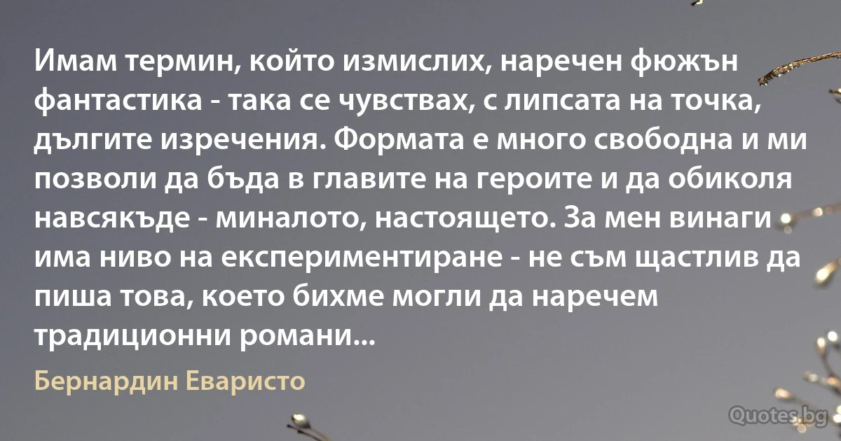 Имам термин, който измислих, наречен фюжън фантастика - така се чувствах, с липсата на точка, дългите изречения. Формата е много свободна и ми позволи да бъда в главите на героите и да обиколя навсякъде - миналото, настоящето. За мен винаги има ниво на експериментиране - не съм щастлив да пиша това, което бихме могли да наречем традиционни романи... (Бернардин Еваристо)