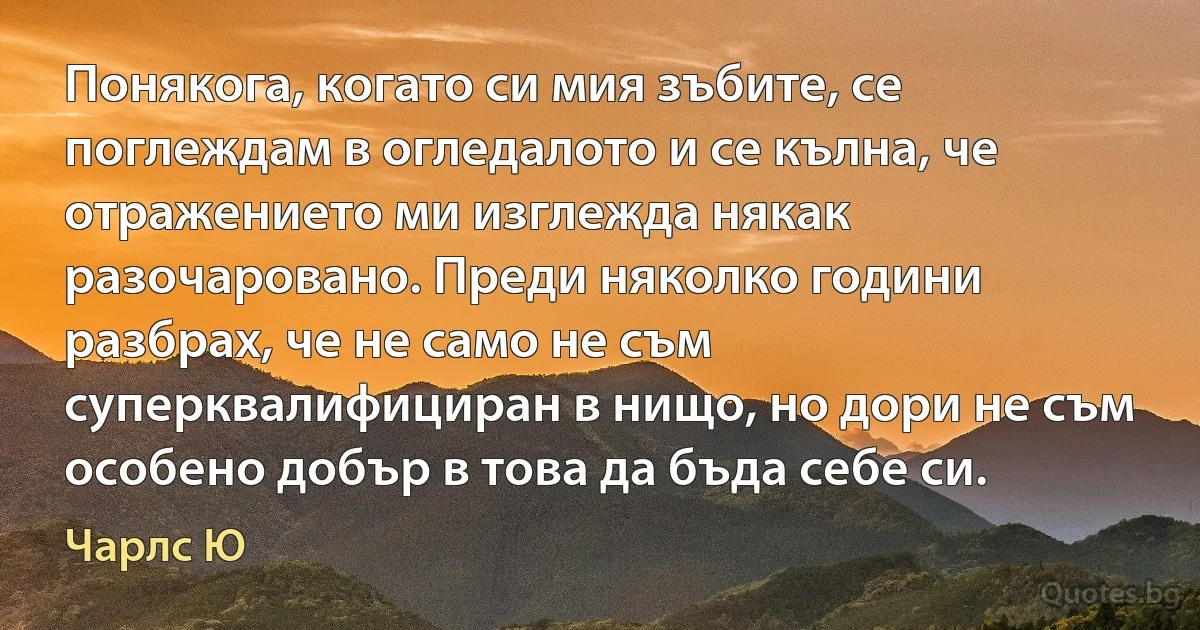 Понякога, когато си мия зъбите, се поглеждам в огледалото и се кълна, че отражението ми изглежда някак разочаровано. Преди няколко години разбрах, че не само не съм суперквалифициран в нищо, но дори не съм особено добър в това да бъда себе си. (Чарлс Ю)