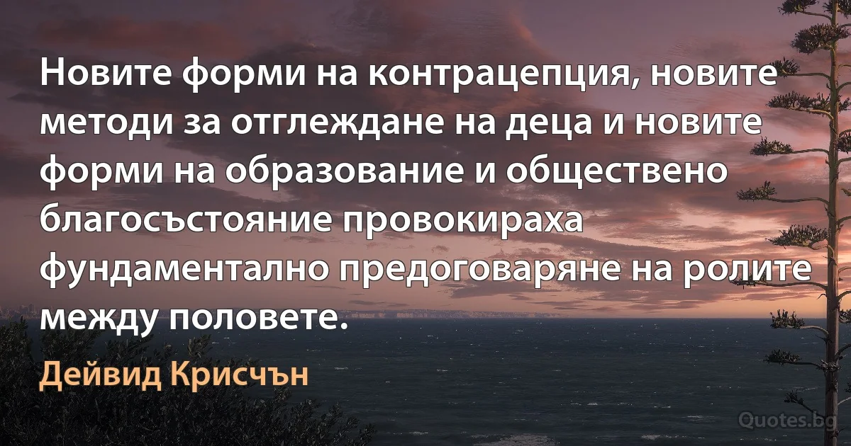 Новите форми на контрацепция, новите методи за отглеждане на деца и новите форми на образование и обществено благосъстояние провокираха фундаментално предоговаряне на ролите между половете. (Дейвид Крисчън)