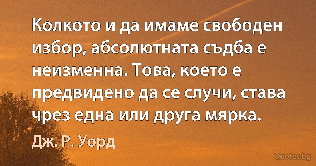 Колкото и да имаме свободен избор, абсолютната съдба е неизменна. Това, което е предвидено да се случи, става чрез една или друга мярка. (Дж. Р. Уорд)