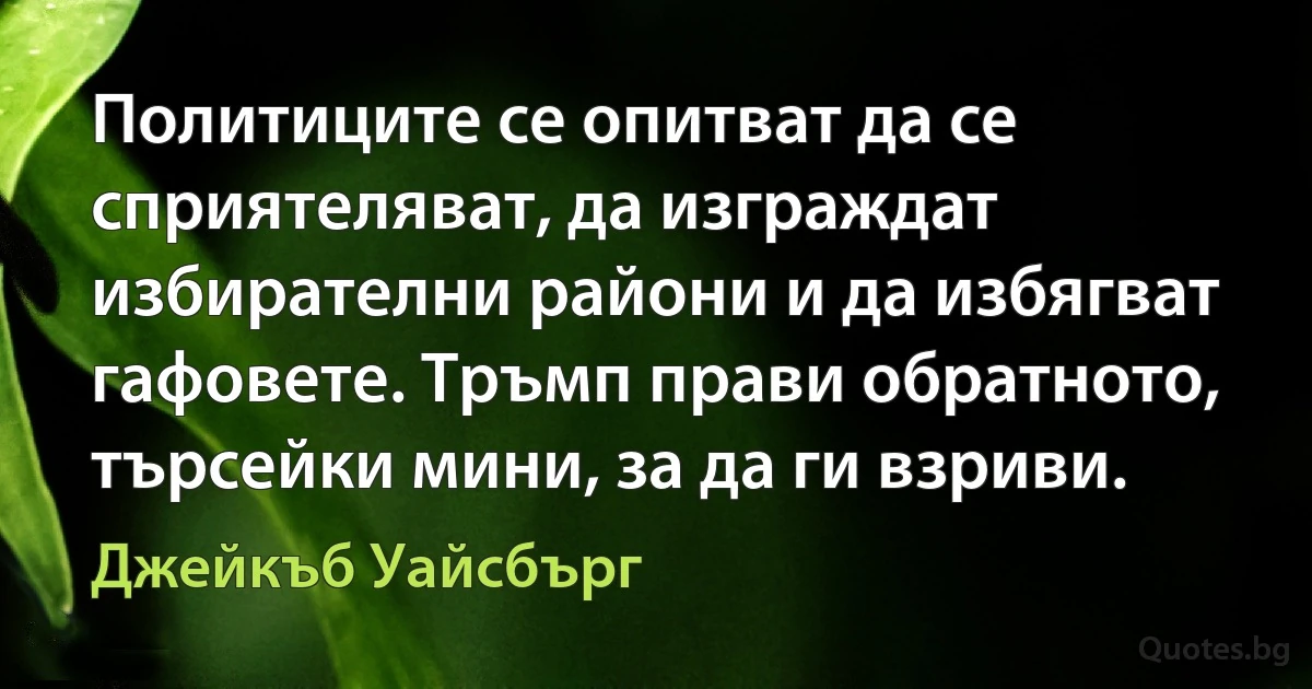 Политиците се опитват да се сприятеляват, да изграждат избирателни райони и да избягват гафовете. Тръмп прави обратното, търсейки мини, за да ги взриви. (Джейкъб Уайсбърг)