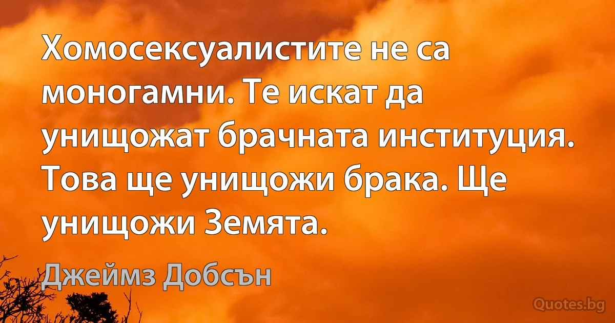 Хомосексуалистите не са моногамни. Те искат да унищожат брачната институция. Това ще унищожи брака. Ще унищожи Земята. (Джеймз Добсън)