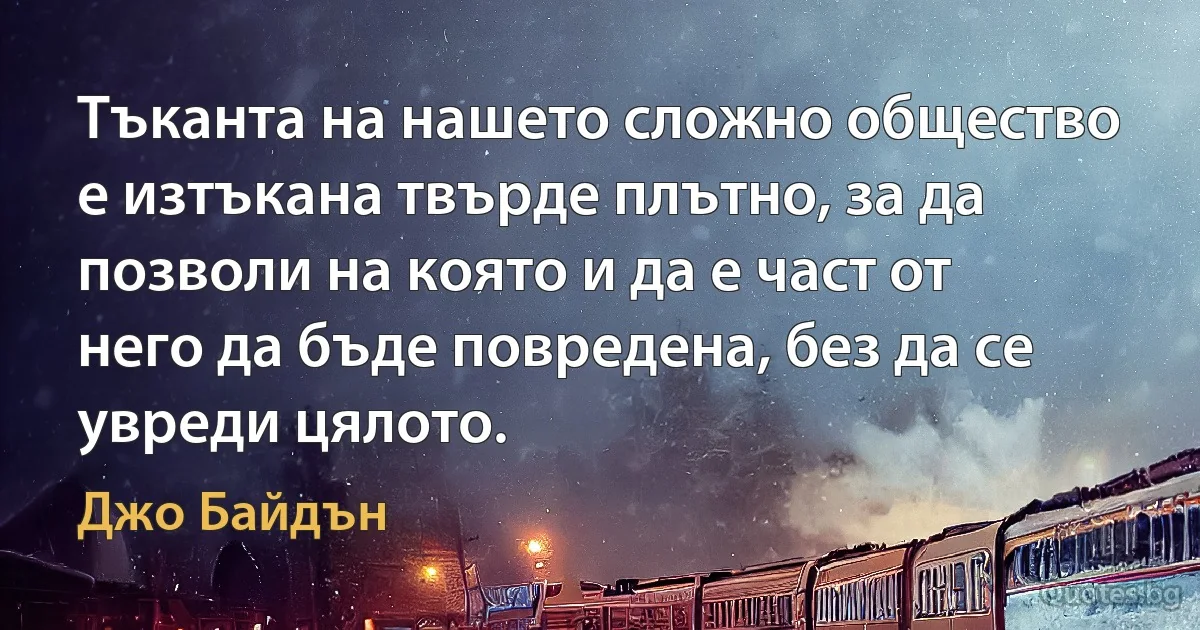 Тъканта на нашето сложно общество е изтъкана твърде плътно, за да позволи на която и да е част от него да бъде повредена, без да се увреди цялото. (Джо Байдън)