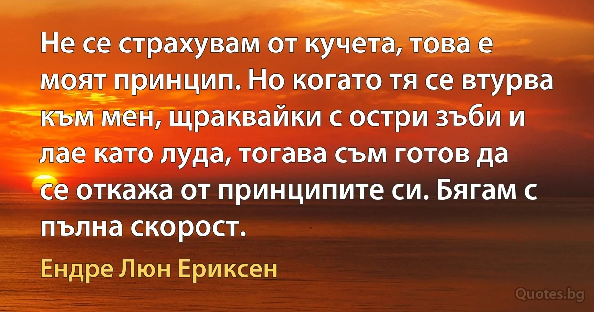 Не се страхувам от кучета, това е моят принцип. Но когато тя се втурва към мен, щраквайки с остри зъби и лае като луда, тогава съм готов да се откажа от принципите си. Бягам с пълна скорост. (Ендре Люн Ериксен)