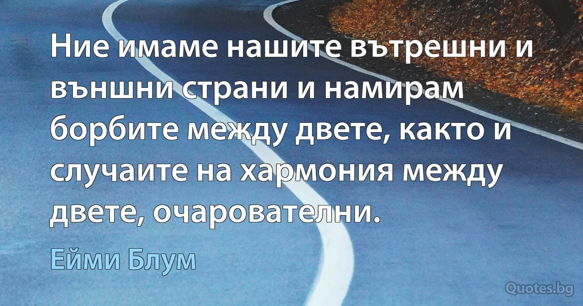 Ние имаме нашите вътрешни и външни страни и намирам борбите между двете, както и случаите на хармония между двете, очарователни. (Ейми Блум)