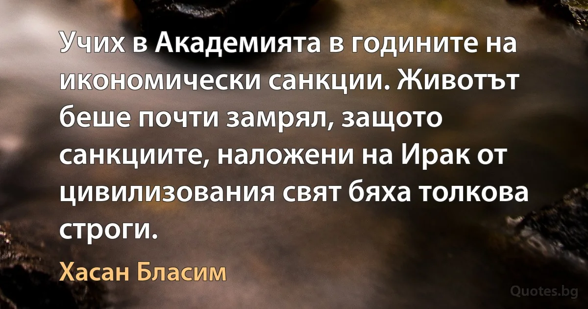 Учих в Академията в годините на икономически санкции. Животът беше почти замрял, защото санкциите, наложени на Ирак от цивилизования свят бяха толкова строги. (Хасан Бласим)