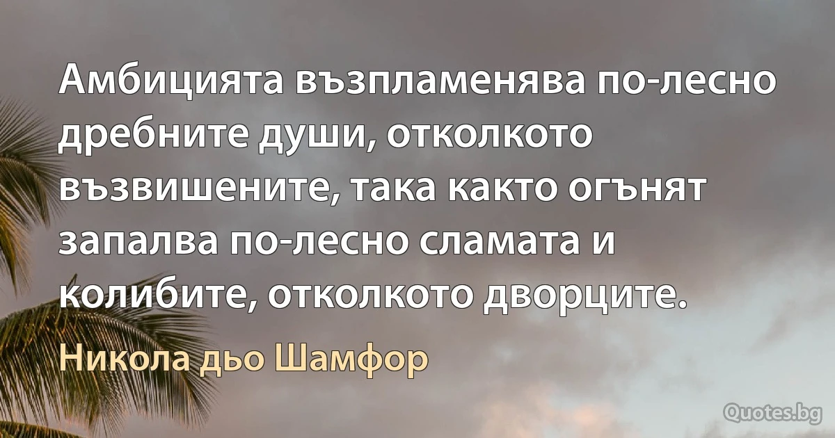 Амбицията възпламенява по-лесно дребните души, отколкото възвишените, така както огънят запалва по-лесно сламата и колибите, отколкото дворците. (Никола дьо Шамфор)