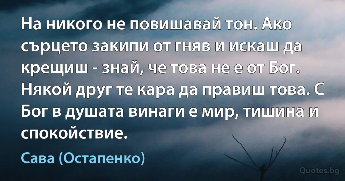 На никого не повишавай тон. Ако сърцето закипи от гняв и искаш да крещиш - знай, че това не е от Бог. Някой друг те кара да правиш това. С Бог в душата винаги е мир, тишина и спокойствие. (Сава (Остапенко))