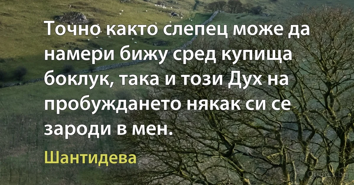 Точно както слепец може да намери бижу сред купища боклук, така и този Дух на пробуждането някак си се зароди в мен. (Шантидева)