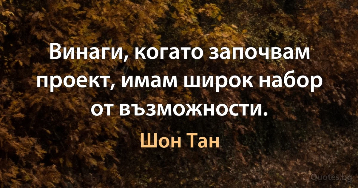 Винаги, когато започвам проект, имам широк набор от възможности. (Шон Тан)