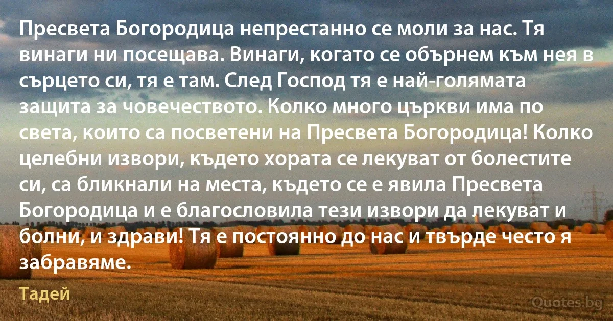 Пресвета Богородица непрестанно се моли за нас. Тя винаги ни посещава. Винаги, когато се обърнем към нея в сърцето си, тя е там. След Господ тя е най-голямата защита за човечеството. Колко много църкви има по света, които са посветени на Пресвета Богородица! Колко целебни извори, където хората се лекуват от болестите си, са бликнали на места, където се е явила Пресвета Богородица и е благословила тези извори да лекуват и болни, и здрави! Тя е постоянно до нас и твърде често я забравяме. (Тадей)