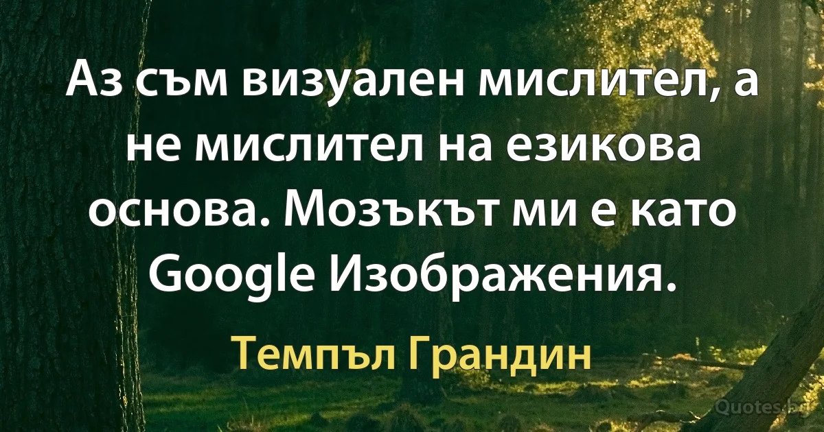 Аз съм визуален мислител, а не мислител на езикова основа. Мозъкът ми е като Google Изображения. (Темпъл Грандин)