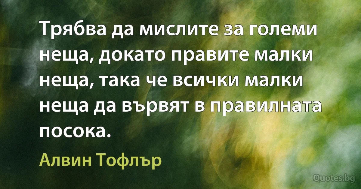 Трябва да мислите за големи неща, докато правите малки неща, така че всички малки неща да вървят в правилната посока. (Алвин Тофлър)