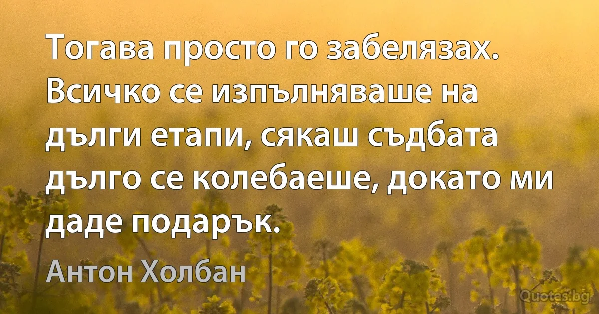 Тогава просто го забелязах. Всичко се изпълняваше на дълги етапи, сякаш съдбата дълго се колебаеше, докато ми даде подарък. (Антон Холбан)