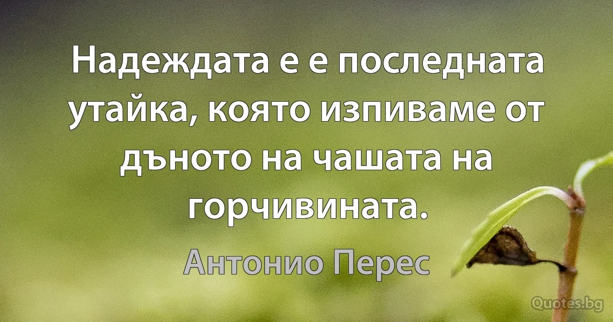 Надеждата е е последната утайка, която изпиваме от дъното на чашата на горчивината. (Антонио Перес)