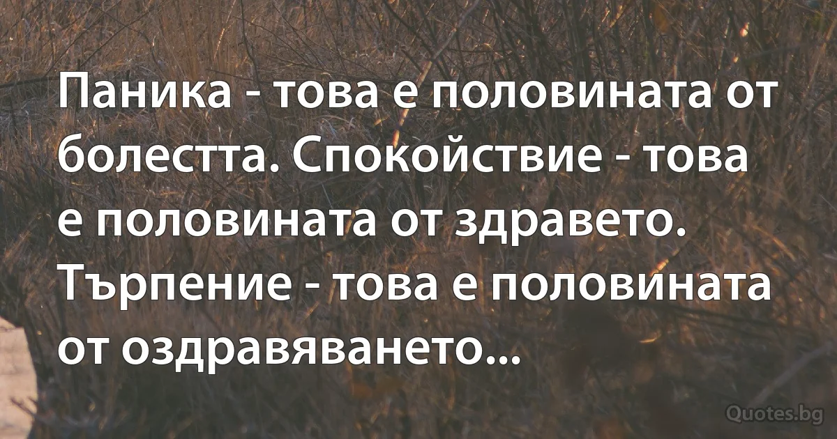 Паника - това е половината от болестта. Спокойствие - това е половината от здравето. Търпение - това е половината от оздравяването... (INZ BG)