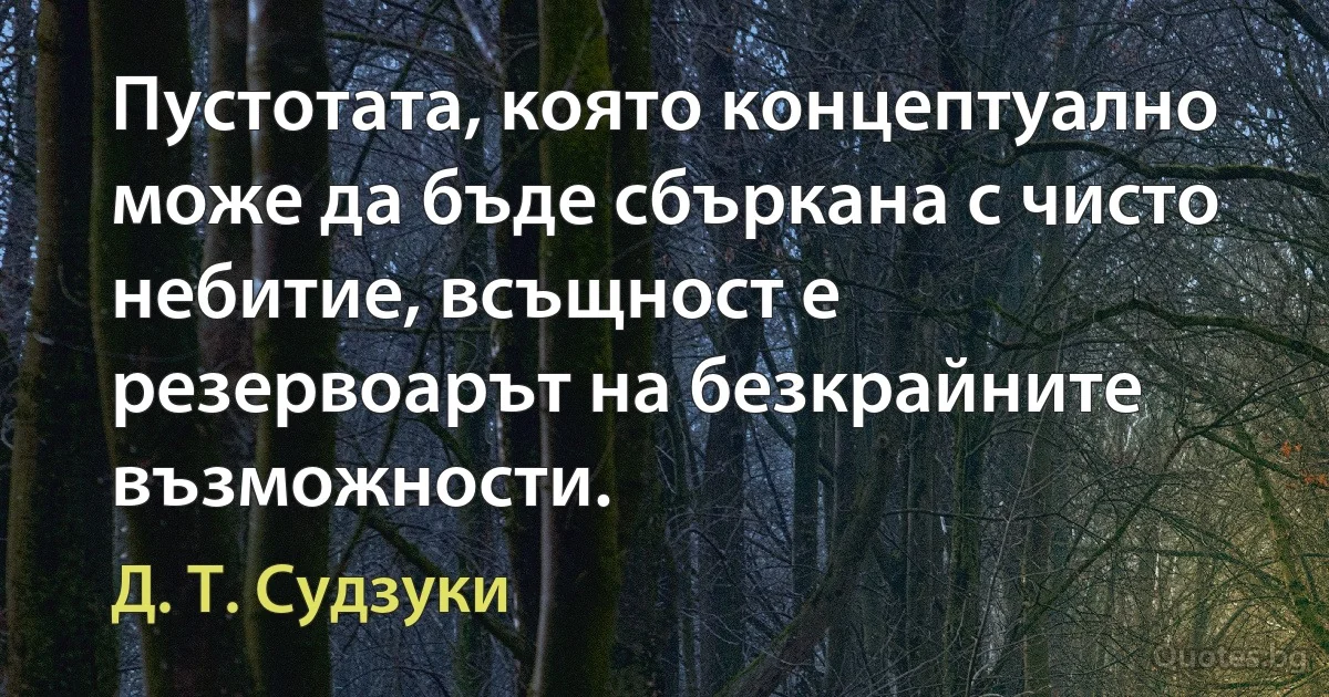 Пустотата, която концептуално може да бъде сбъркана с чисто небитие, всъщност е резервоарът на безкрайните възможности. (Д. Т. Судзуки)