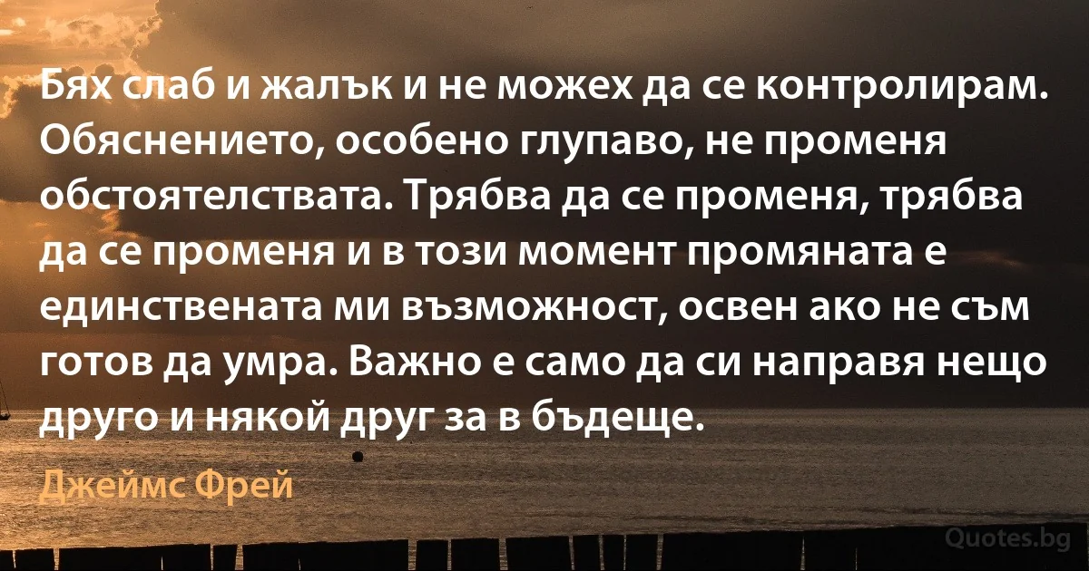 Бях слаб и жалък и не можех да се контролирам. Обяснението, особено глупаво, не променя обстоятелствата. Трябва да се променя, трябва да се променя и в този момент промяната е единствената ми възможност, освен ако не съм готов да умра. Важно е само да си направя нещо друго и някой друг за в бъдеще. (Джеймс Фрей)