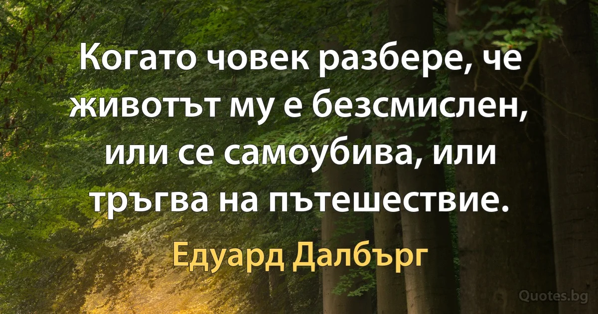 Когато човек разбере, че животът му е безсмислен, или се самоубива, или тръгва на пътешествие. (Едуард Далбърг)