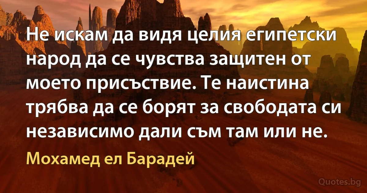 Не искам да видя целия египетски народ да се чувства защитен от моето присъствие. Те наистина трябва да се борят за свободата си независимо дали съм там или не. (Мохамед ел Барадей)