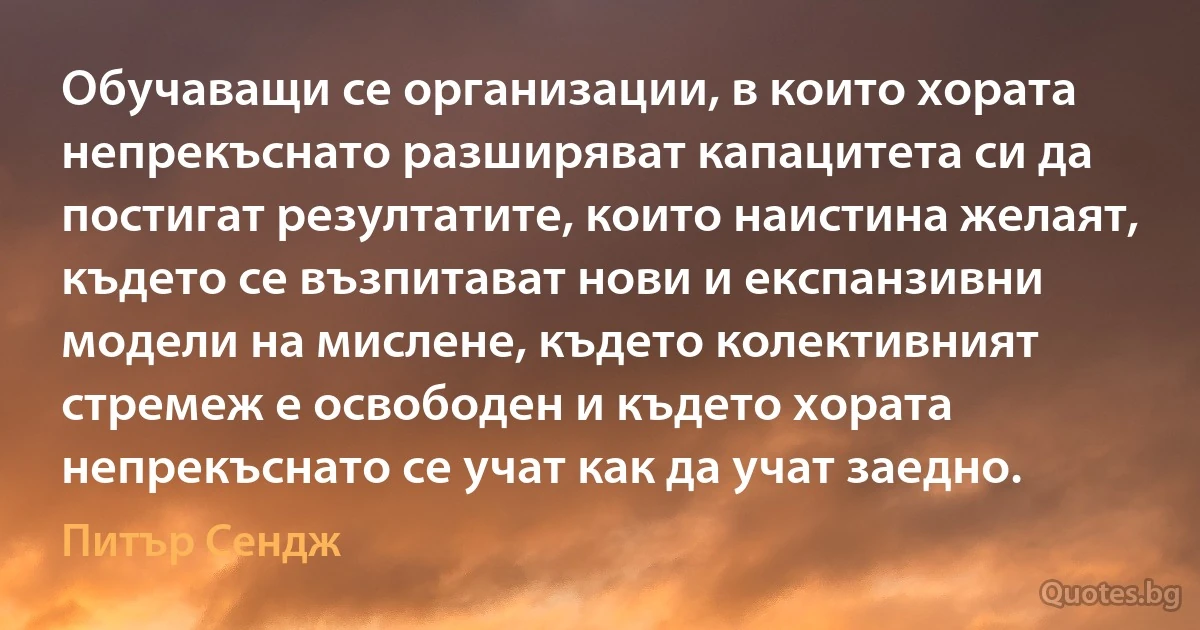 Обучаващи се организации, в които хората непрекъснато разширяват капацитета си да постигат резултатите, които наистина желаят, където се възпитават нови и експанзивни модели на мислене, където колективният стремеж е освободен и където хората непрекъснато се учат как да учат заедно. (Питър Сендж)