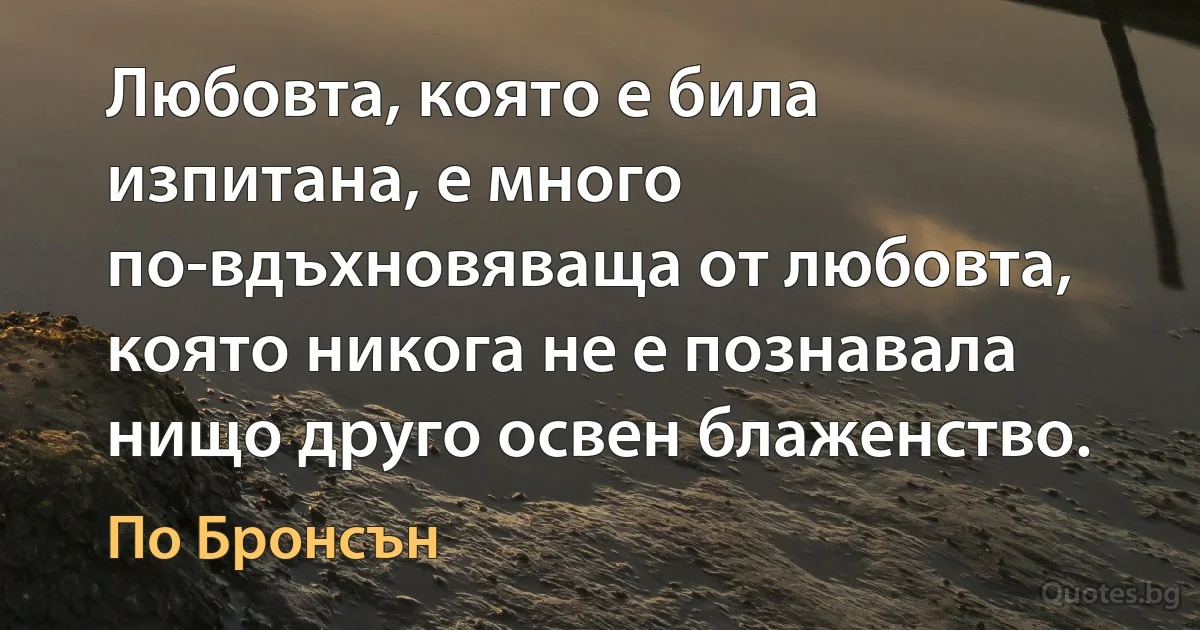 Любовта, която е била изпитана, е много по-вдъхновяваща от любовта, която никога не е познавала нищо друго освен блаженство. (По Бронсън)