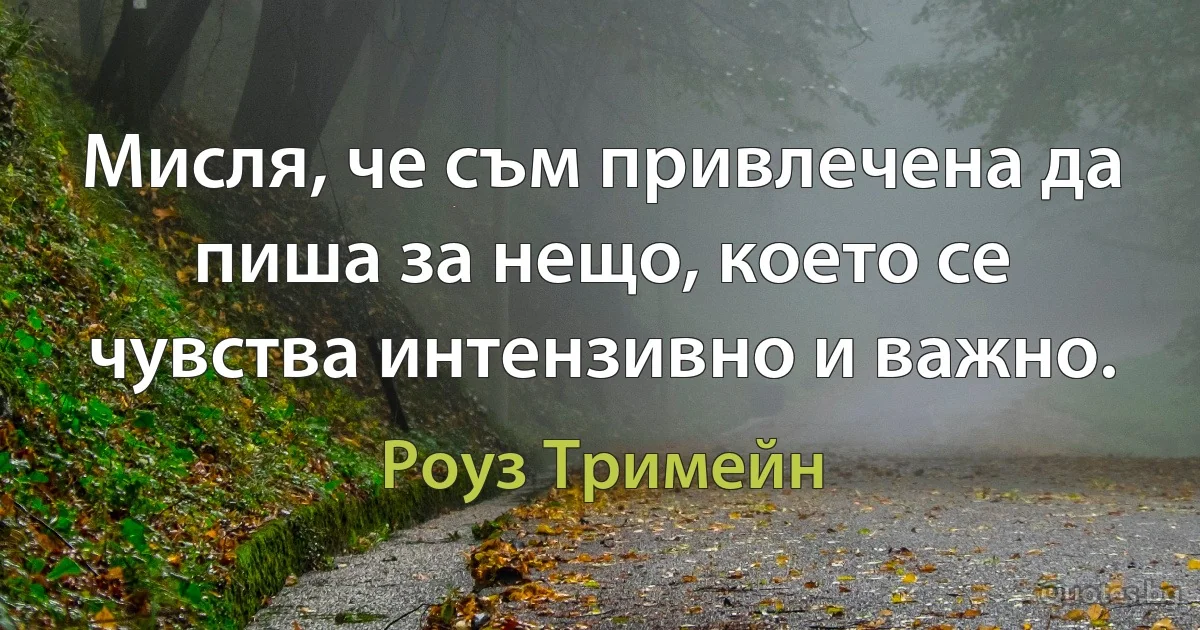 Мисля, че съм привлечена да пиша за нещо, което се чувства интензивно и важно. (Роуз Тримейн)