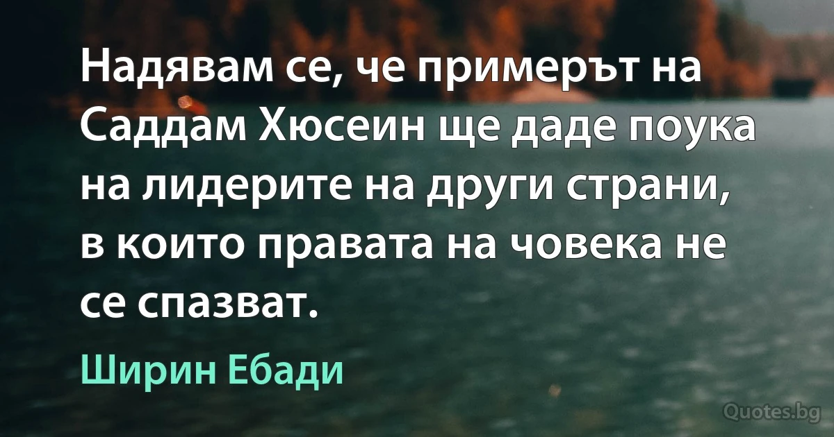 Надявам се, че примерът на Саддам Хюсеин ще даде поука на лидерите на други страни, в които правата на човека не се спазват. (Ширин Ебади)