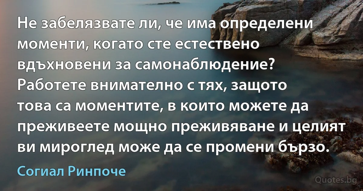 Не забелязвате ли, че има определени моменти, когато сте естествено вдъхновени за самонаблюдение? Работете внимателно с тях, защото това са моментите, в които можете да преживеете мощно преживяване и целият ви мироглед може да се промени бързо. (Согиал Ринпоче)