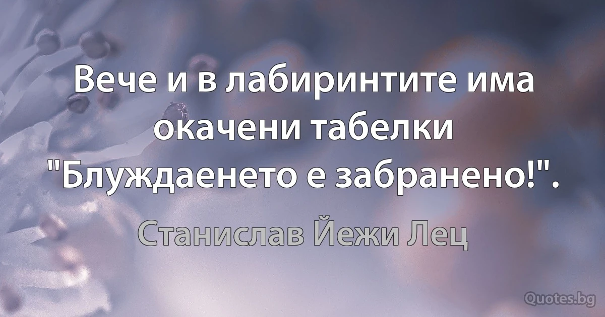 Вече и в лабиринтите има окачени табелки "Блуждаенето е забранено!". (Станислав Йежи Лец)