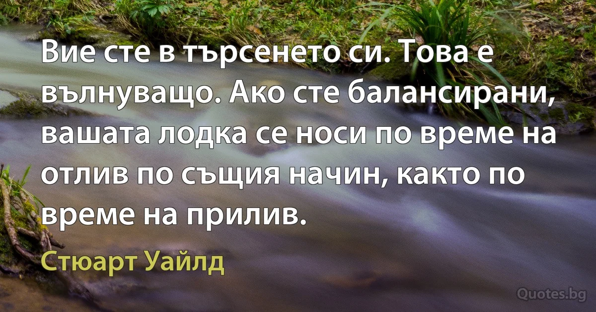 Вие сте в търсенето си. Това е вълнуващо. Ако сте балансирани, вашата лодка се носи по време на отлив по същия начин, както по време на прилив. (Стюарт Уайлд)