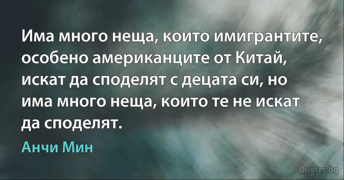 Има много неща, които имигрантите, особено американците от Китай, искат да споделят с децата си, но има много неща, които те не искат да споделят. (Анчи Мин)