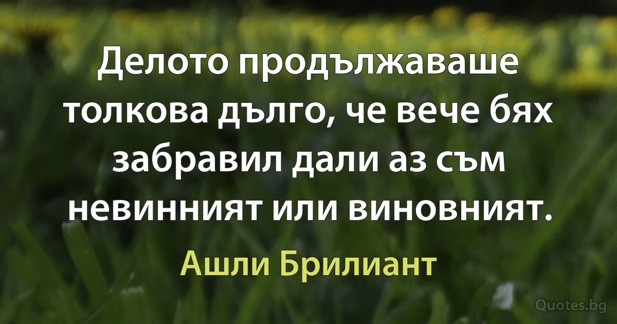 Делото продължаваше толкова дълго, че вече бях забравил дали аз съм невинният или виновният. (Ашли Брилиант)