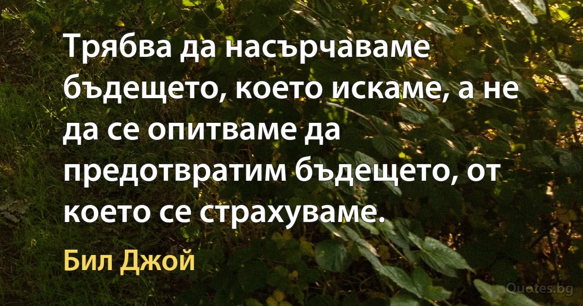 Трябва да насърчаваме бъдещето, което искаме, а не да се опитваме да предотвратим бъдещето, от което се страхуваме. (Бил Джой)