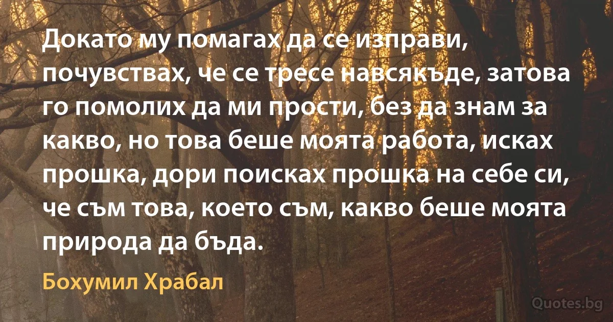 Докато му помагах да се изправи, почувствах, че се тресе навсякъде, затова го помолих да ми прости, без да знам за какво, но това беше моята работа, исках прошка, дори поисках прошка на себе си, че съм това, което съм, какво беше моята природа да бъда. (Бохумил Храбал)