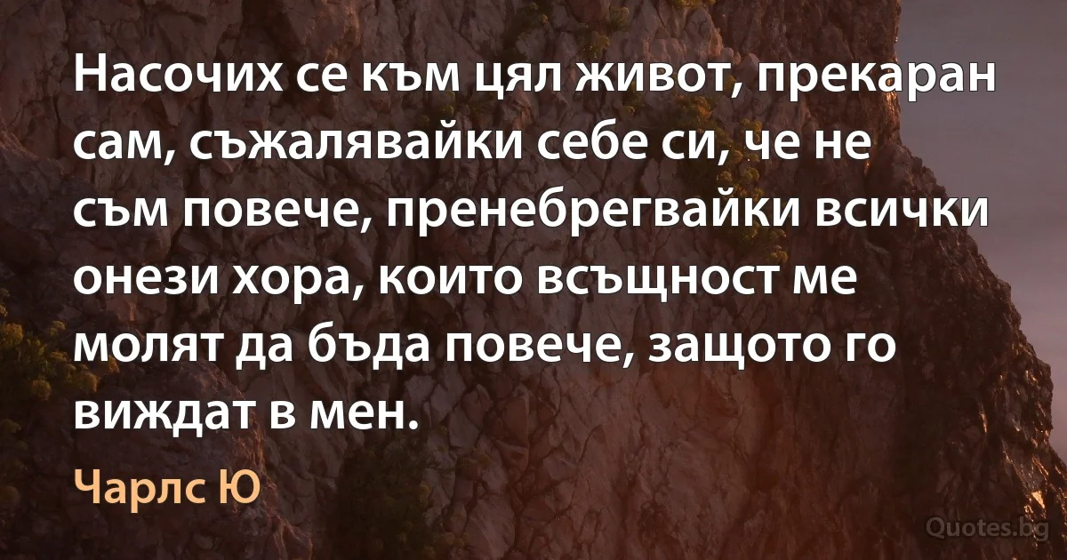 Насочих се към цял живот, прекаран сам, съжалявайки себе си, че не съм повече, пренебрегвайки всички онези хора, които всъщност ме молят да бъда повече, защото го виждат в мен. (Чарлс Ю)