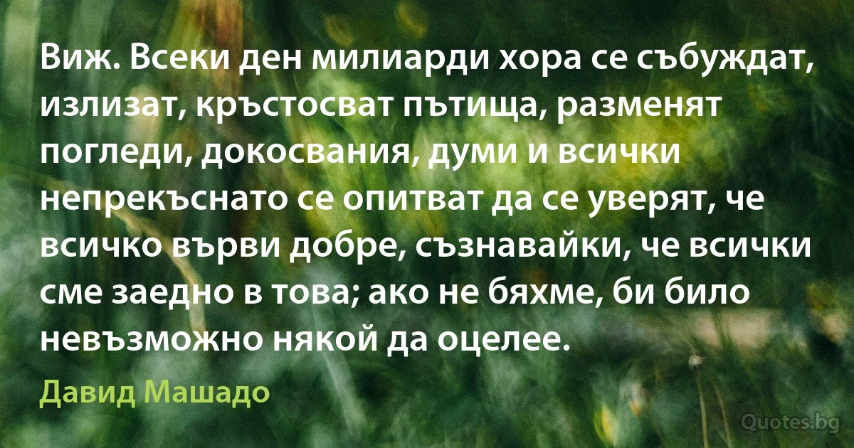 Виж. Всеки ден милиарди хора се събуждат, излизат, кръстосват пътища, разменят погледи, докосвания, думи и всички непрекъснато се опитват да се уверят, че всичко върви добре, съзнавайки, че всички сме заедно в това; ако не бяхме, би било невъзможно някой да оцелее. (Давид Машадо)