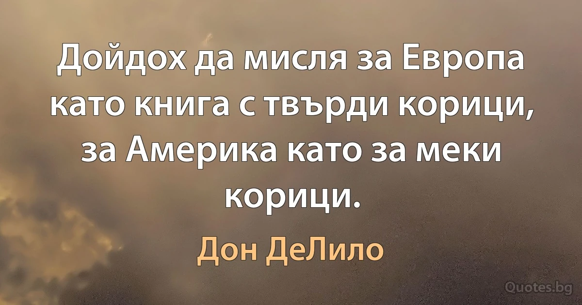 Дойдох да мисля за Европа като книга с твърди корици, за Америка като за меки корици. (Дон ДеЛило)