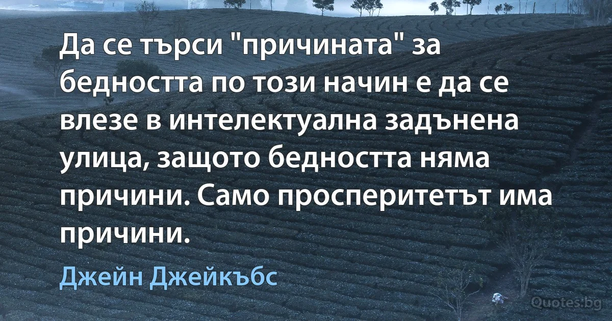 Да се търси "причината" за бедността по този начин е да се влезе в интелектуална задънена улица, защото бедността няма причини. Само просперитетът има причини. (Джейн Джейкъбс)