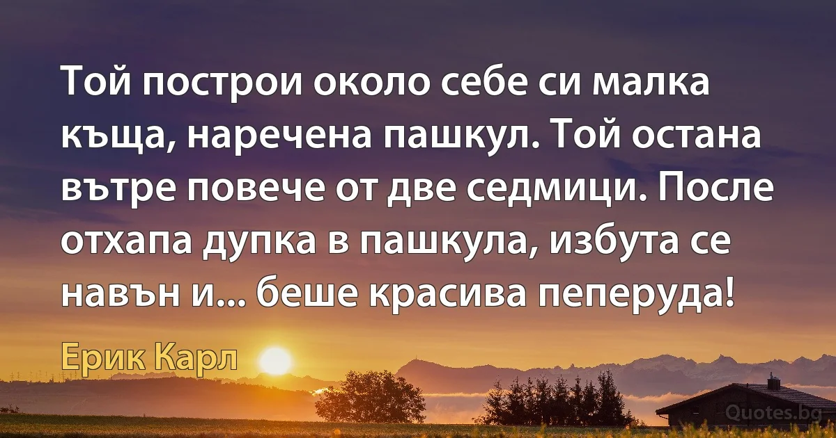 Той построи около себе си малка къща, наречена пашкул. Той остана вътре повече от две седмици. После отхапа дупка в пашкула, избута се навън и... беше красива пеперуда! (Ерик Карл)