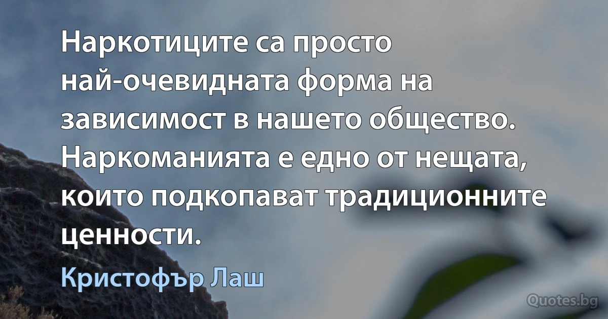 Наркотиците са просто най-очевидната форма на зависимост в нашето общество. Наркоманията е едно от нещата, които подкопават традиционните ценности. (Кристофър Лаш)