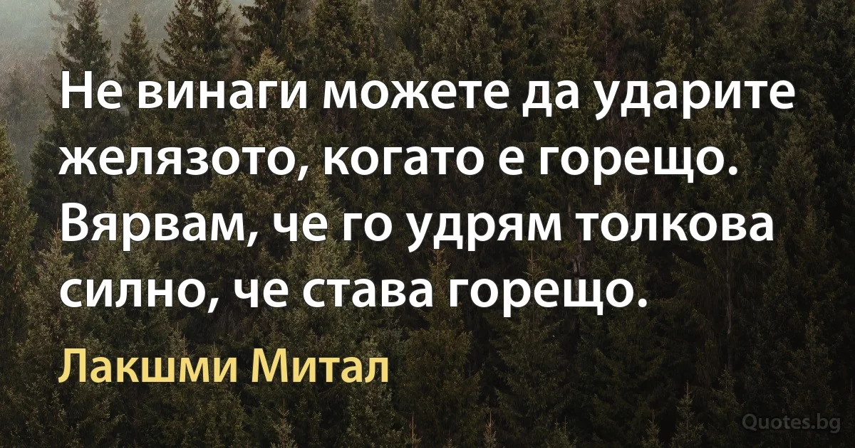 Не винаги можете да ударите желязото, когато е горещо. Вярвам, че го удрям толкова силно, че става горещо. (Лакшми Митал)