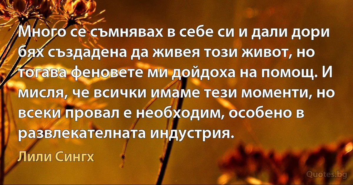 Много се съмнявах в себе си и дали дори бях създадена да живея този живот, но тогава феновете ми дойдоха на помощ. И мисля, че всички имаме тези моменти, но всеки провал е необходим, особено в развлекателната индустрия. (Лили Сингх)